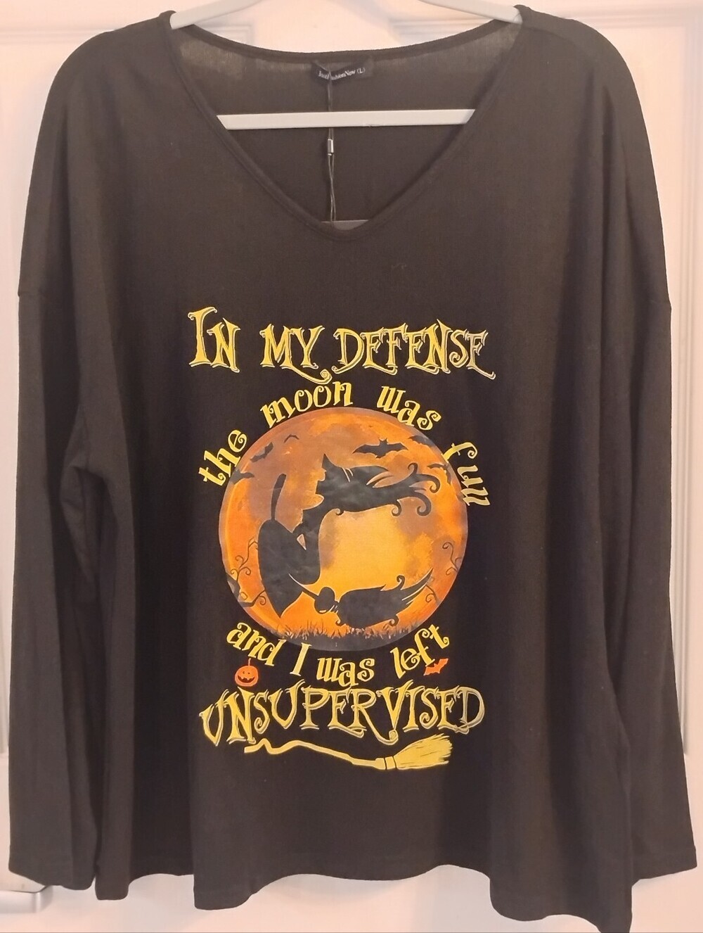 Just Fashion Now Black Holloween Witch  Long-sleeve V-neck Shirt, NWT, Size L